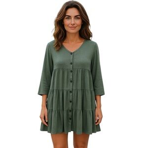 Peach Love California Medium Green Long Sleeve Ribbed Boho Style Dress Vneck
